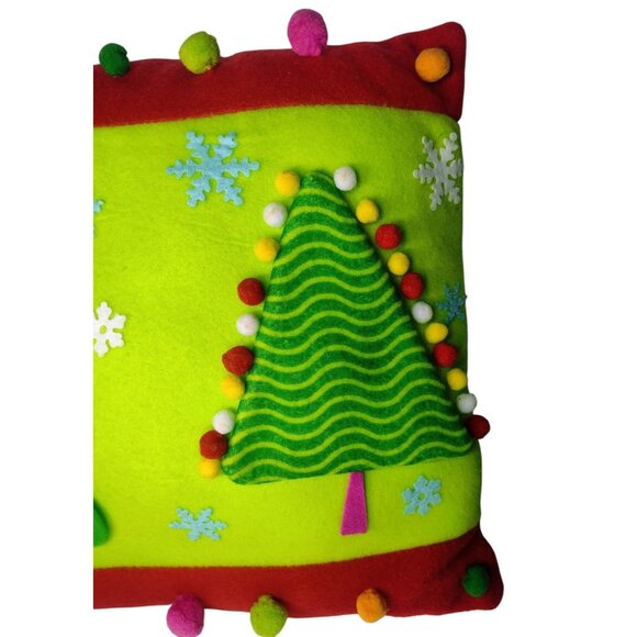 Holiday Time Felt Christmas Tree Throw Pillow Pom Pom 13 x 13 - Picture 2 of 4